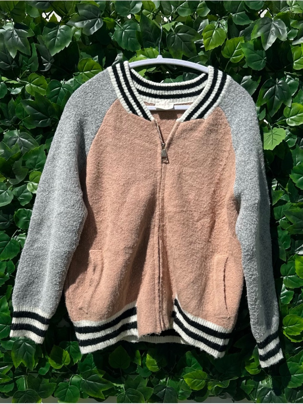 Two-Tone Pink and Gray Bomber Jacket with Stripe Trim